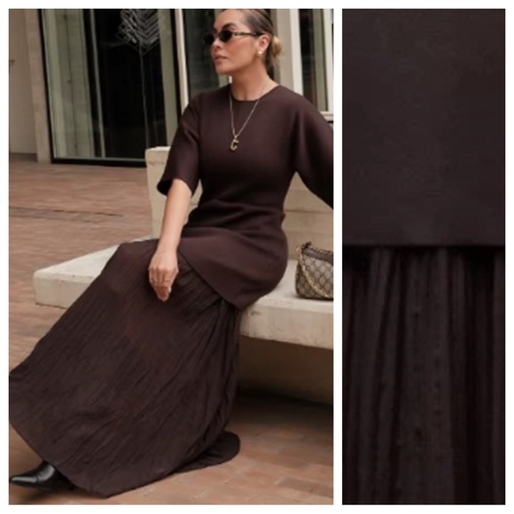 NWT. Zara Chocolate/Brown Pleated Combination Knit Midi Dress. Size M. - Picture 4 of 10